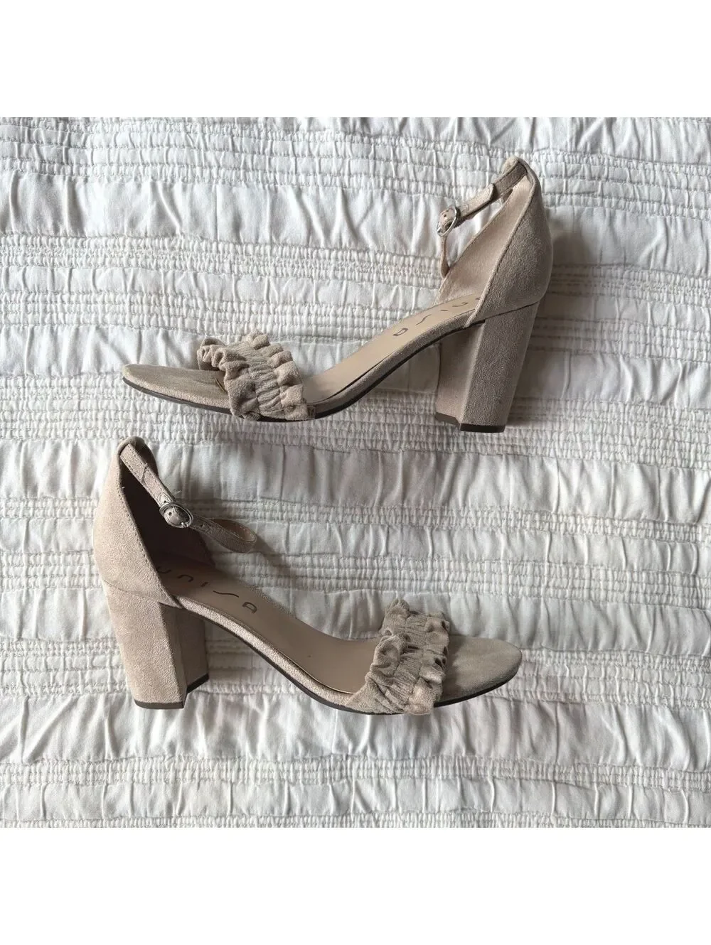 Unisa Taupe Ruffle Ankle Strap Block Heel Sandals Size 9M